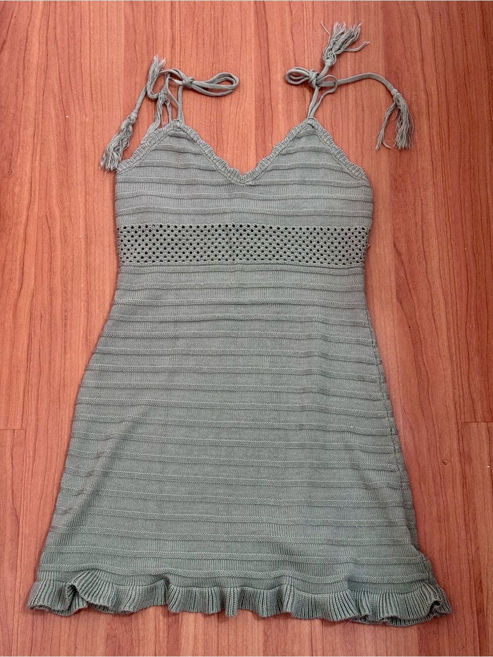 Almost Famous Olive Green Knit Mini Dress Tie Strap Ruffle Hem Size Small